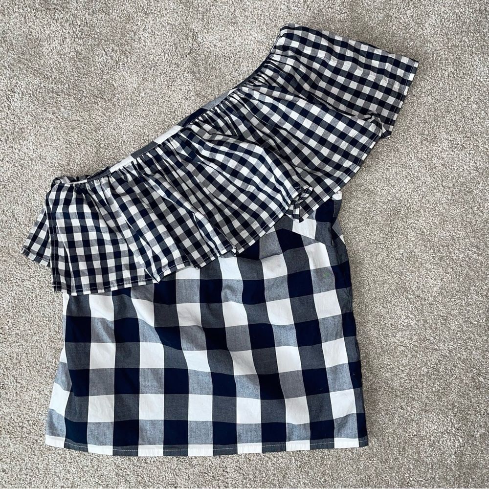 J Crew One-Shoulder Gingham Top in Cotton Poplin Navy & White Ruffle Sz 0 - Picture 3 of 4